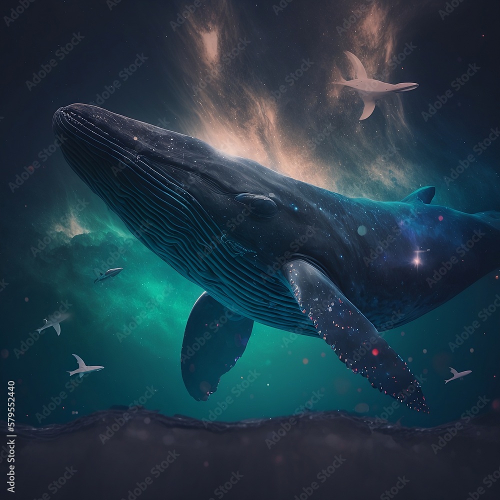 Naklejka premium Whale. Whale on the background of space. Outer space with a whale. Generative AI.