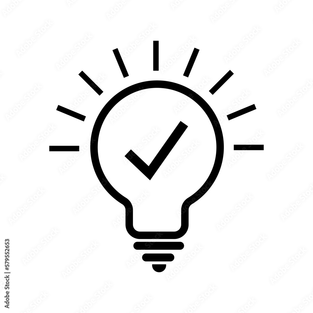 Light bulb and check mark icon.Light bulb with sparkle rays shine. Idea lamp with Approved icon. Idea sign thinking solution concept quick tip icon. glass LightBulb line icon. Light bulb and check mark icon.Light bulb with sparkle rays shine. Idea lamp with Approved icon. Idea sign thinking solution concept quick tip icon. glass LightBulb line icon.