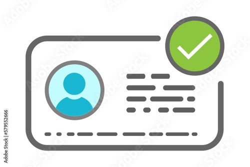 Identification card with verified Check mark. Id card Verification badge Profile icon. personal identity verify, User or profile card. Approve identity verification card document with photo, national.