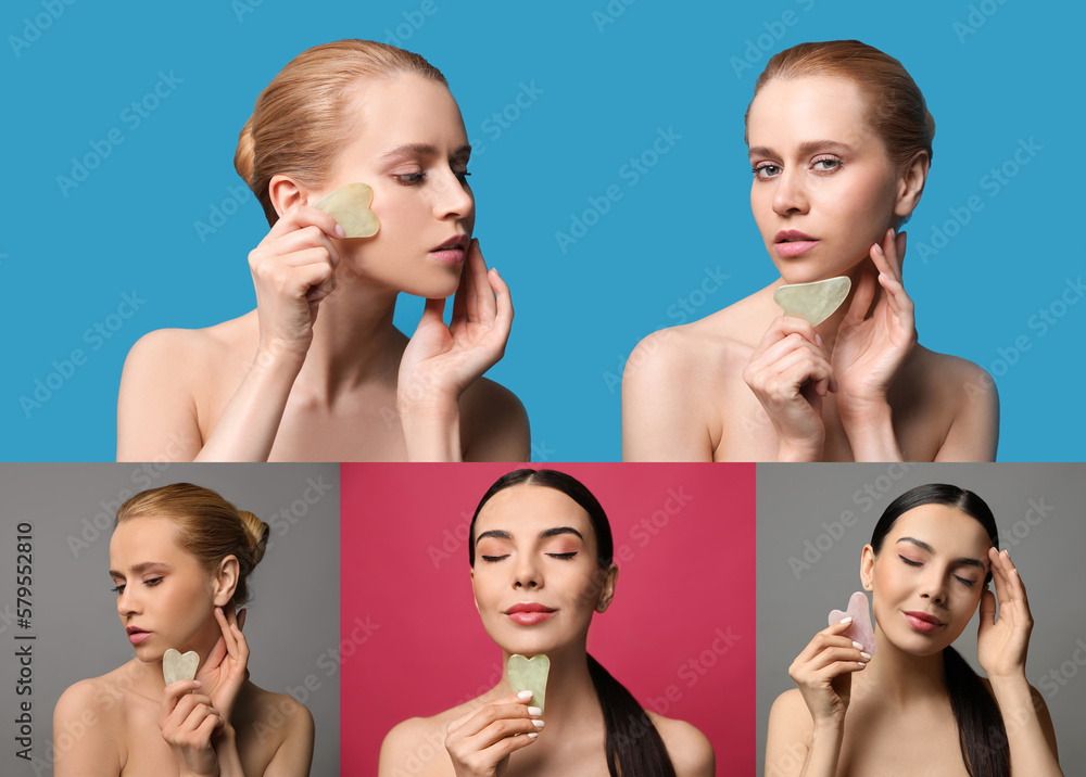 Collage with portraits of beautiful women with gua sha facial tools on color backgrounds Collage with portraits of beautiful women with gua sha facial tools on color backgrounds
