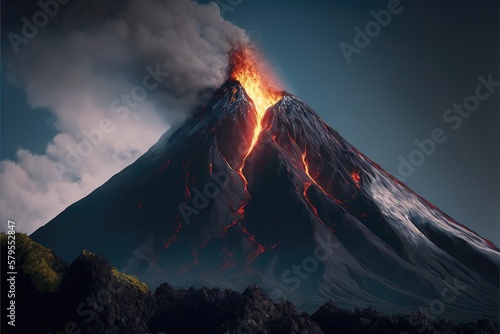 Active Volcano in a calm Environment. Generative AI © CREATIVE STOCK