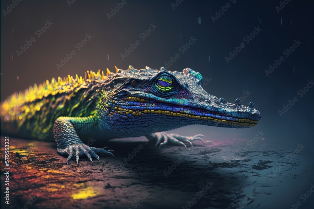 Crocodile neon isolated, phantasmal iridescent and psychedelic
