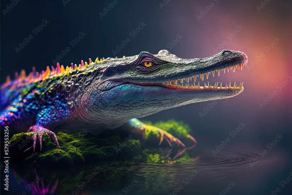 Crocodile neon isolated, phantasmal iridescent and psychedelic