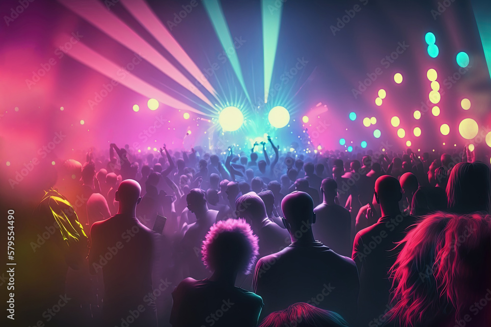 Silhouette of people at concert or music festival with neon lights. AI