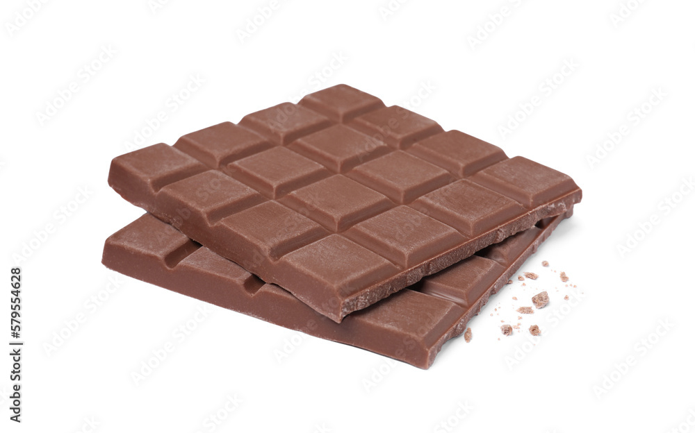 Pieces of tasty milk chocolate bar isolated on white Pieces of tasty milk chocolate bar isolated on white