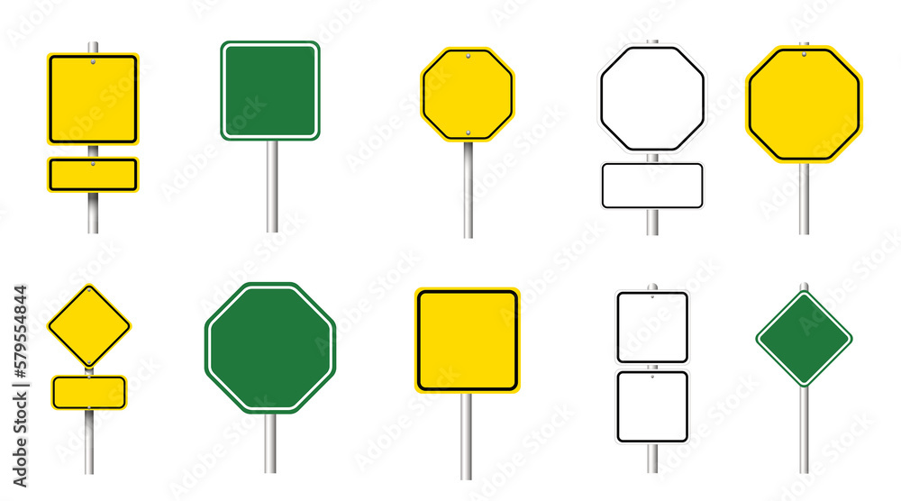Different blank road signs on white background, collage design Different blank road signs on white background, collage design