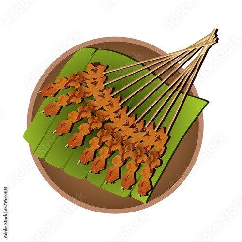 Chicken satay served on a banana leaf on a wooden plate, vector illustration in trendy style. Asian traditional food. World cuisine illustration. Editable graphic resources for many purposes.