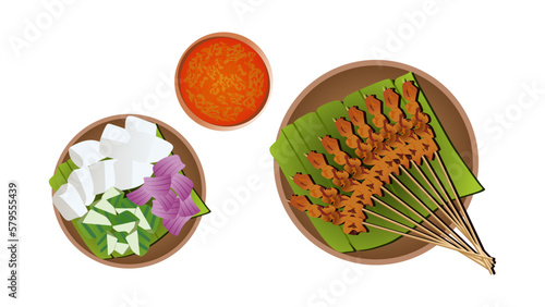 Singapore satay, chicken satay with lontong, acar, and sauce. The best world cuisine vector illustration in trendy style. Editable graphic resources for many purposes.