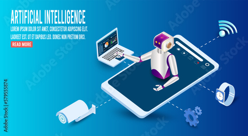 AI Learning and Artificial Intelligence Concept with AI Robot connected to Smart home technology has its applications in household appliances, home safety - security, lighting, and entertainment.