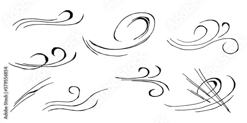 Doodle wind blow, gust design isolated on white background. vector hand drawn illustration