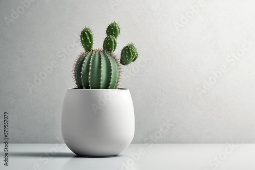 Cactus In A Ceramic Vase On White Table. Generative AI.