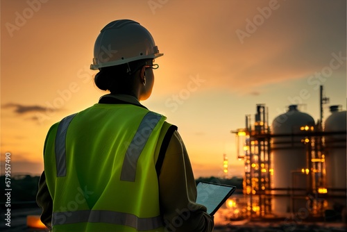 woman engineer using digital tablet working late night shift at petroleum oil refinery,generative AI
