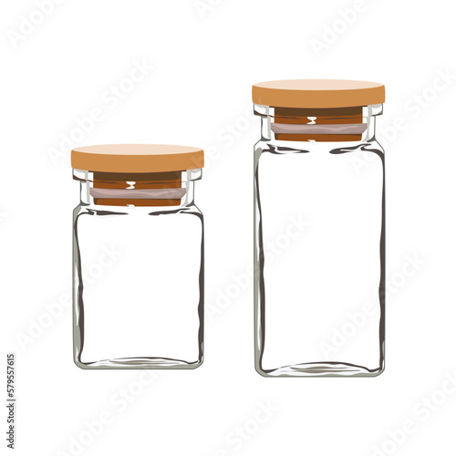 Seasoning Jar Square, Plain bottle, Glass Container Seasoning Bottle Kitchen and Outdoor Camping Seasoning Container Spice Jars. Small and tall glass bottle vector hand drawing on white background.
