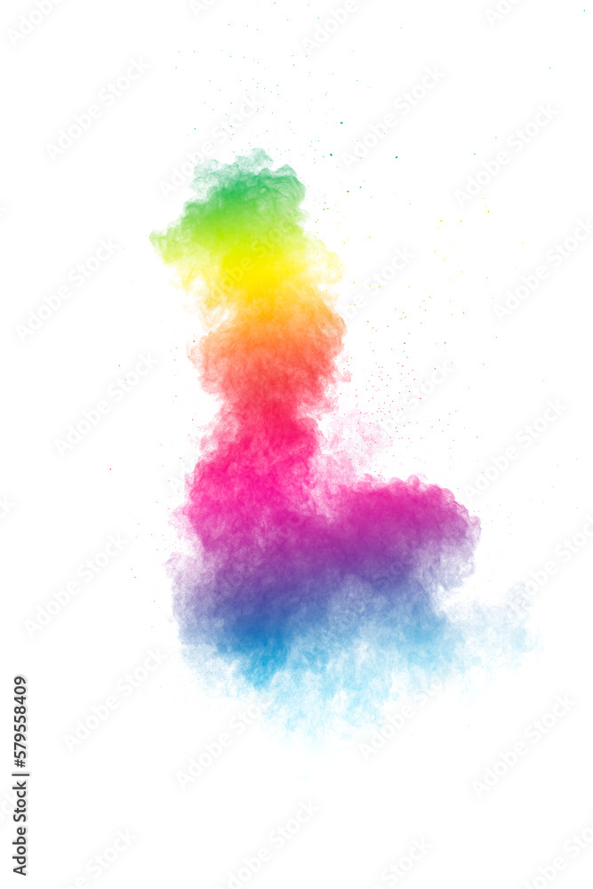 Pastel color dust particles splash.Colorful powder explosion on white background.