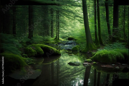 Obraz na płótnie Narrow Canal passing Through a Green Forest/Jungle. Generative AI