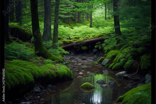 Narrow Canal passing Through a Green Forest/Jungle. Generative AI