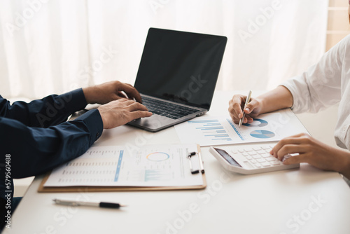 Business sales consultant discussing in data documents at modern office.