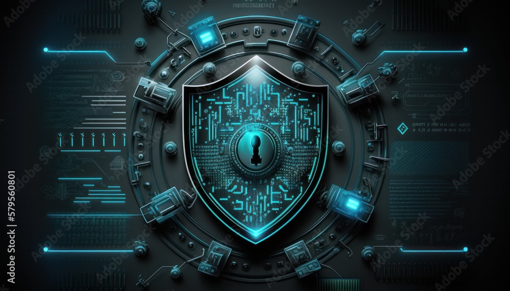 Fototapeta premium Computer cybersecurity shield lock technology background concept generative ai