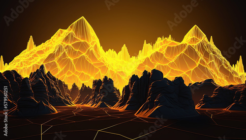 virtual reality yellow cyber space landscape with mountains. Neon wireframe terrain