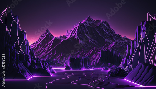 abstract virtual reality purple cyber space landscape with mountains. Neon wireframe terrain