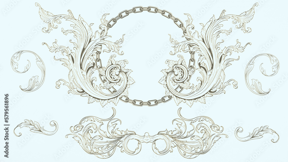 Obraz premium Curly flourishes in a dark gold around a circular chain on white background.