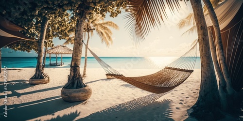 luxury beach with hammock and palm trees, blue sea and white sand, generative ai