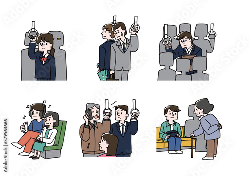 電車やバスの中での犯罪や迷惑行為のイラストセット