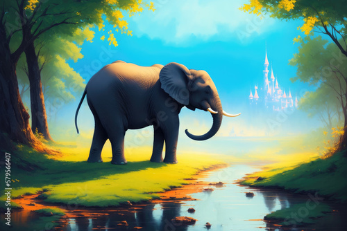 Modern drawing of elephant  Colorful magic elephant  cartoon style painting. Generative ai art illustration
