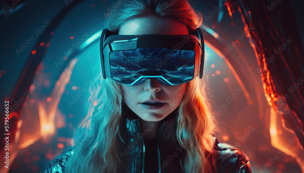 Beautiful young woman using VR headset in futuristic metaverse background technology fictional character concept generative ai Beautiful young woman using VR headset in futuristic metaverse background technology fictional character concept generative ai