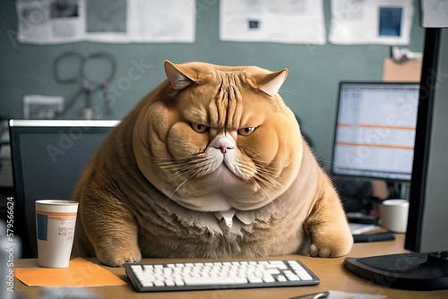 A fat cat is sitting at the office table in front of a computer  generative AI