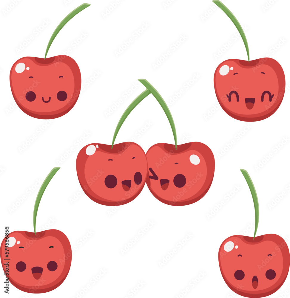 cerezas kawaii, illustracion de cerezas, cerezas de caricatura, cereza  clipart, diferentes emociones, cerezas vector, ilustracion bonita,  ilustracion infantil vector de Stock | Adobe Stock