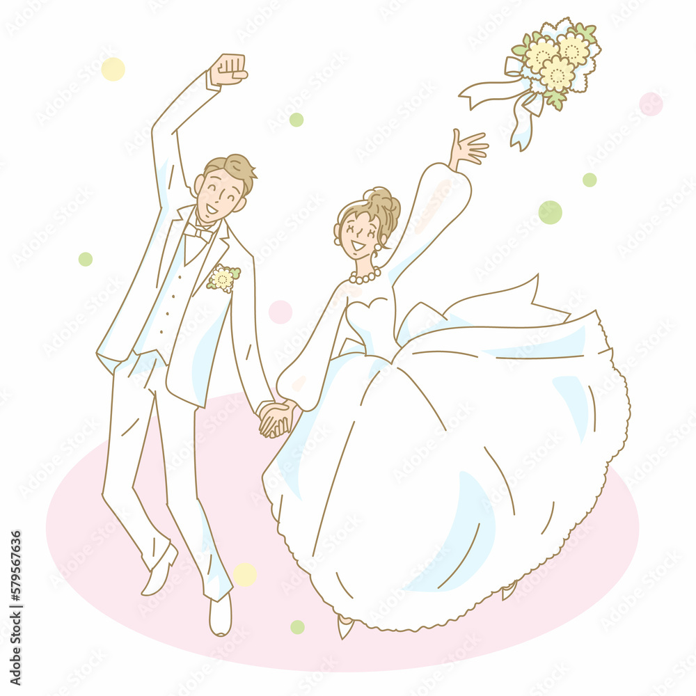 手をつないでブーケトスをする結婚式のカップル 手をつないでブーケトスをする結婚式のカップル