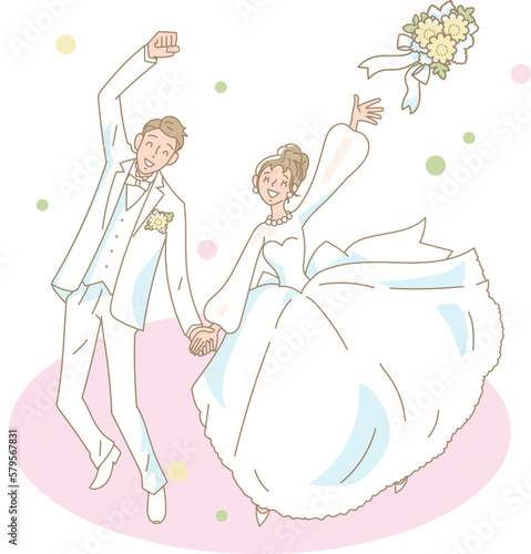 手をつないでブーケトスをする結婚式のカップル