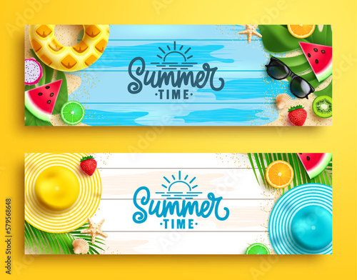 Summer time vector banner set design. Summer time text with beach elements in wood texture background. Vector illustration summer banner. 