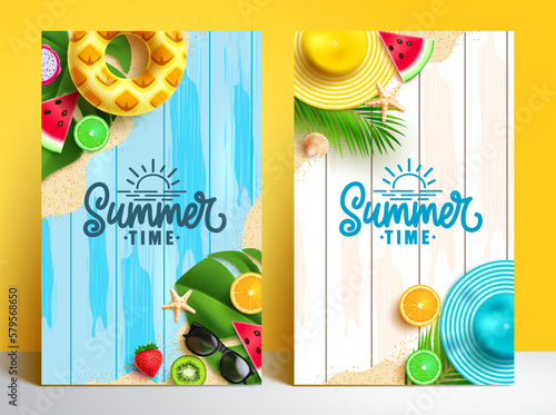 Summer time vector poster set design. Summer time text in wood texture background with beach fresh fruit elements. Vector illustration summer background. 