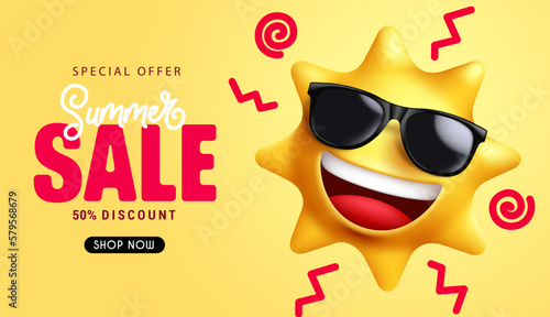 Summer sale vector banner design. Summer sale text special offer 50  off with cute sun emoji character. Vector illustration summer sale promo background.