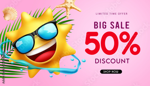 Summer big sale vector banner design. Summer big sale 50% discount text with sun emoji character in sunglasses. Vector illustration summer sale discount.