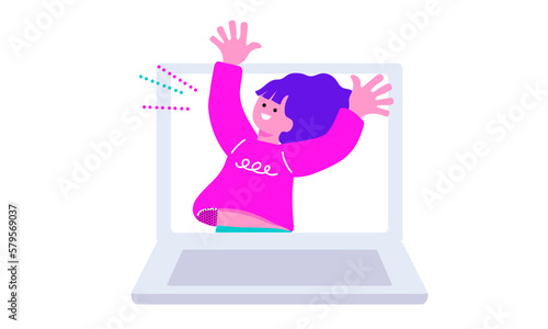 ノートパソコンから飛び出す若者のイラスト
