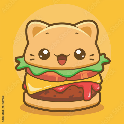Hamburguesa gato kawaii, hamburguesa en forma de gato,  gatito en forma de hamburguesa, hamburguesa kawaii, ilustracion infantil, caricatura, vector, sin fondo, ilustracion bonita