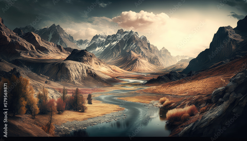 Cinematic Photograph of mountain view trees and lake generative ai illustration 