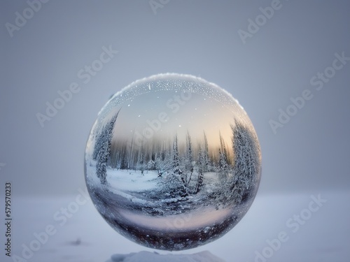 Tiny winter world inside a snow globe, Generative AI