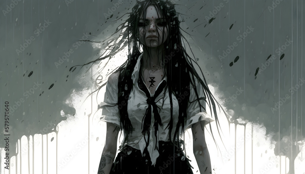 Fototapeta premium silhouette of a anime girl in the rain, Anime beautiful sad goth girl, soaking wet standing in a torrential rainstorm, wet, drenched, totally soaked, water dripping, wet hair, generative AI