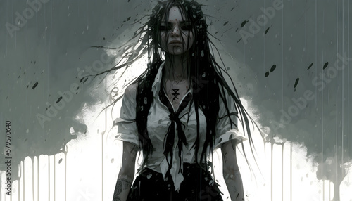 silhouette of a anime girl in the rain  Anime beautiful sad goth girl  soaking wet standing in a torrential rainstorm  wet  drenched  totally soaked  water dripping  wet hair  generative AI
