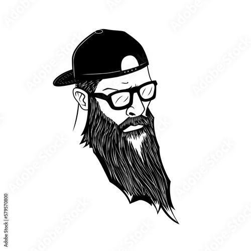 Man with black and long beard wearing sunglasses and hat backwards black and white vector illustration