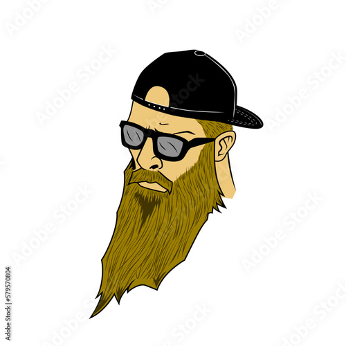 Middle-aged Man with black and long beard wearing sunglasses and hat backwards vector illustration photo