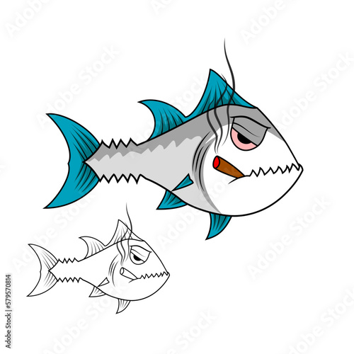 Shark fish with a cigar in mouth smoking fish thug vector cartoon illustration