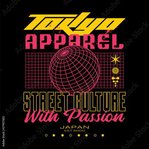 Tokyo japan typography slogan streetwear y2k style logo vector icon illustration. Print, poster, fashion, tshirt, sticker