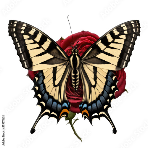 isolated yellow eastern swallowtail butterfly on flowers, roses, macro, png, transparent background, spring, summer, vertical, horizontal, close up, top view, side view, Generative AI