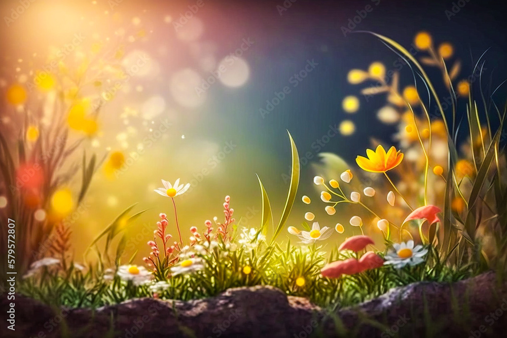 Paysage de printemps ensoleillé, arrière plan printanier avec herbe et fleurs - Générative IA