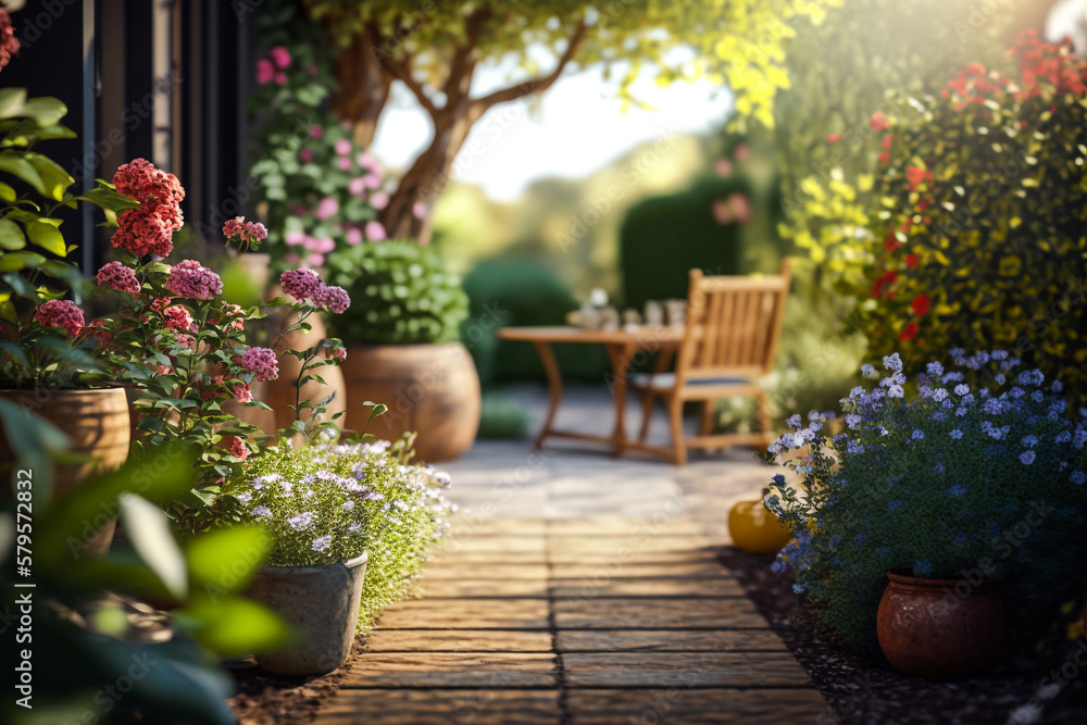 Différents aménagement de jardins fleuris en été - Générative IA Différents aménagement de jardins fleuris en été - Générative IA